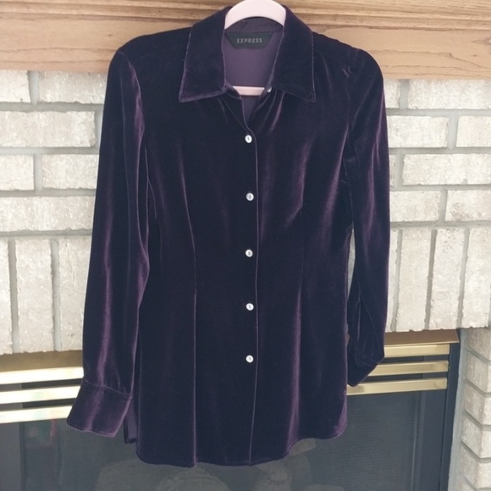Express Vintage Y2K Purple Velvet Rayon Silk Top Blouse Sz XS Button-up Collared
